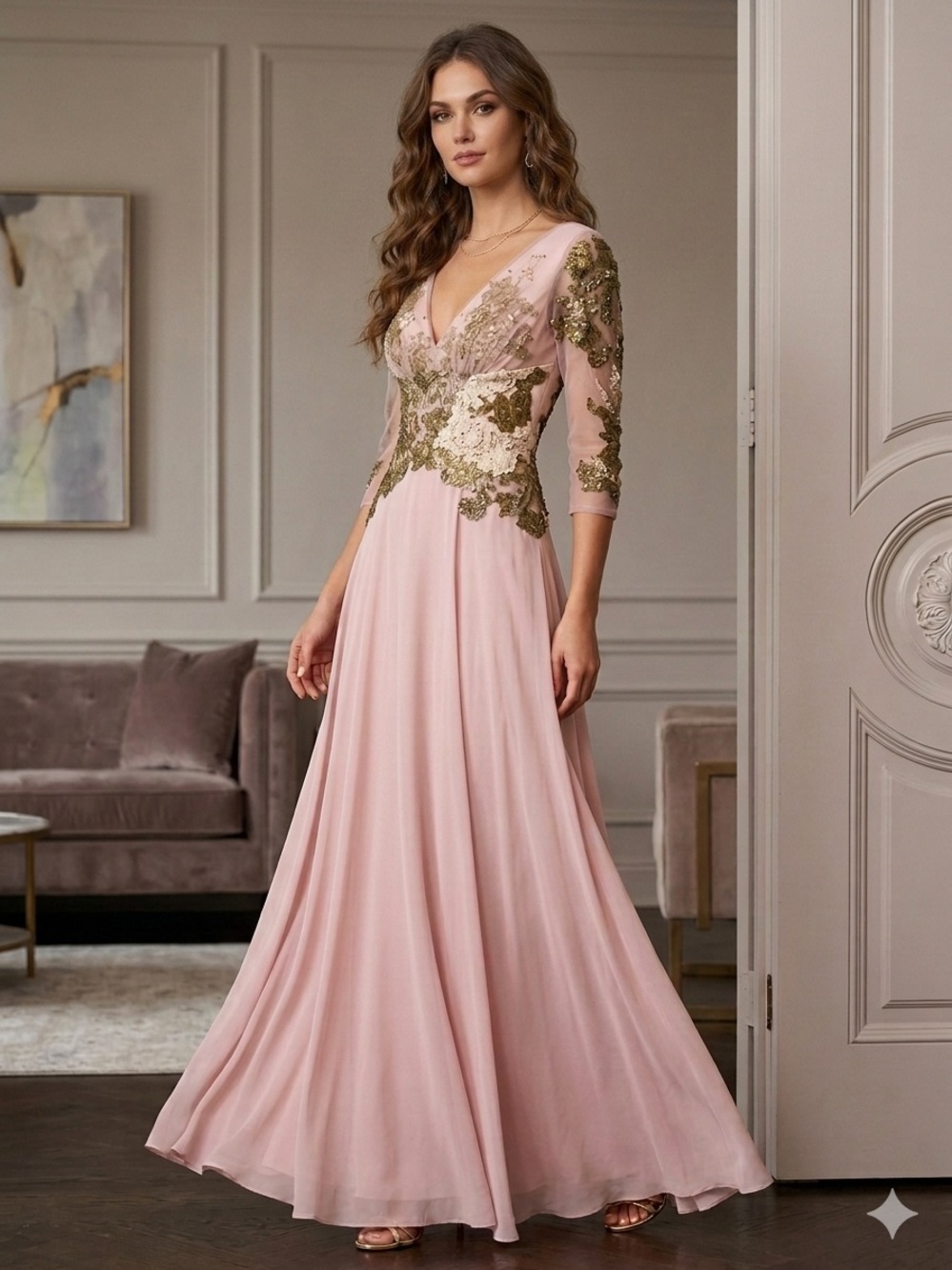 Mandalay Blush Pink V-Neck Maxi Dress with Gold Lace Appliqué